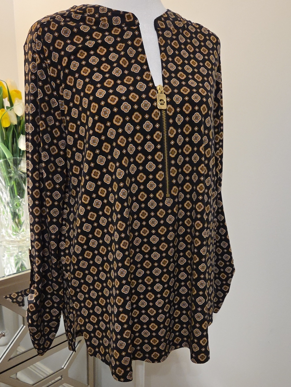 MICHAEL Michael Kors Black and Gold Patterned Long-Sleeve Blouse